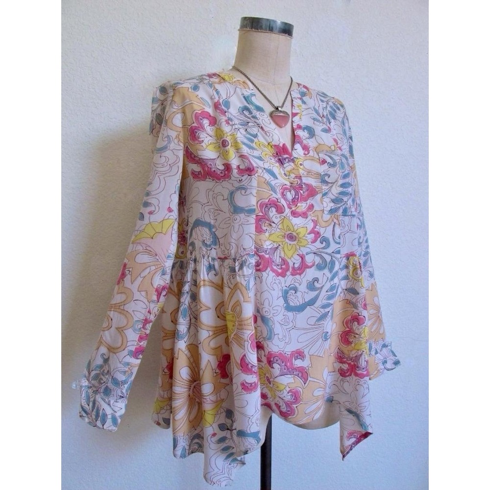 Maeve‎ Anthropologie Pink Floral Colorful Blouse Shirt Size 0 100% Rayon